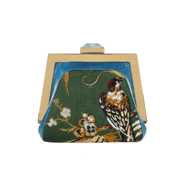Cargar imagen en el visor de la galería, Small Mydas in “Birds” Green Embroidered Lampas