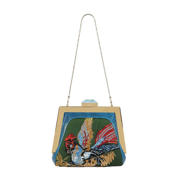 Cargar imagen en el visor de la galería, Small Mydas in “Birds” Green Embroidered Lampas
