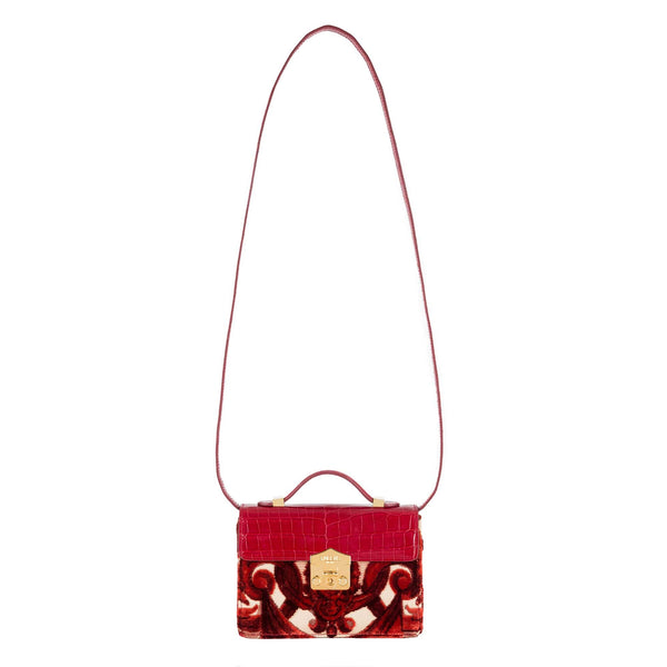 Load image into Gallery viewer, Small Flash Natale Bag in Grottesche Velvet and Red Crocodile
