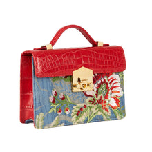 Load image into Gallery viewer, Small Flash Natale Bag in Red and Light Blue Lampas with embroidery