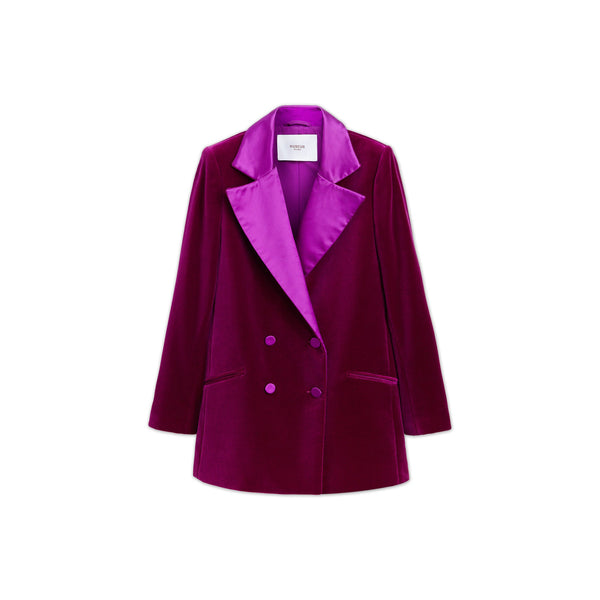 Load image into Gallery viewer, Fuchsia Maxi Silk Rever Double Breasted Blazer
