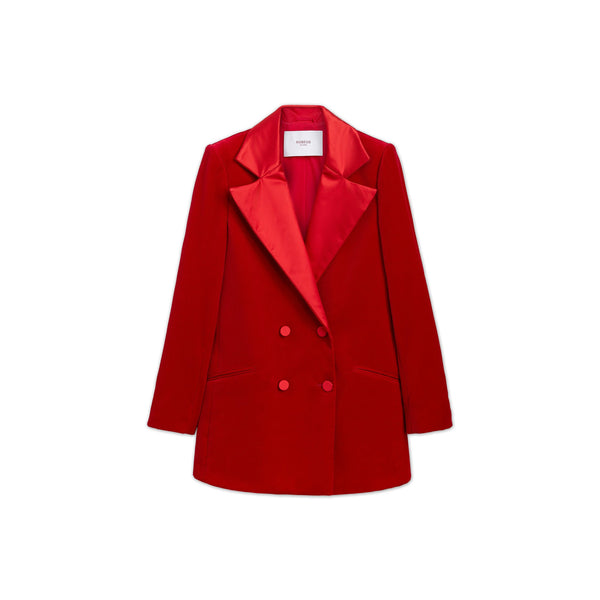 Cargar imagen en el visor de la galería, Red Maxi Silk Rever Double Breasted Blazer