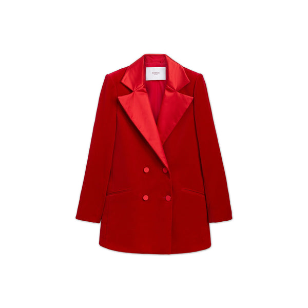 Load image into Gallery viewer, Red Maxi Silk Rever Double Breasted Blazer
