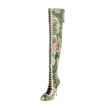 Load image into Gallery viewer, Cuissard Knee High Boots In Emerald Lamé Lampas Brocade With Heel Piercing
