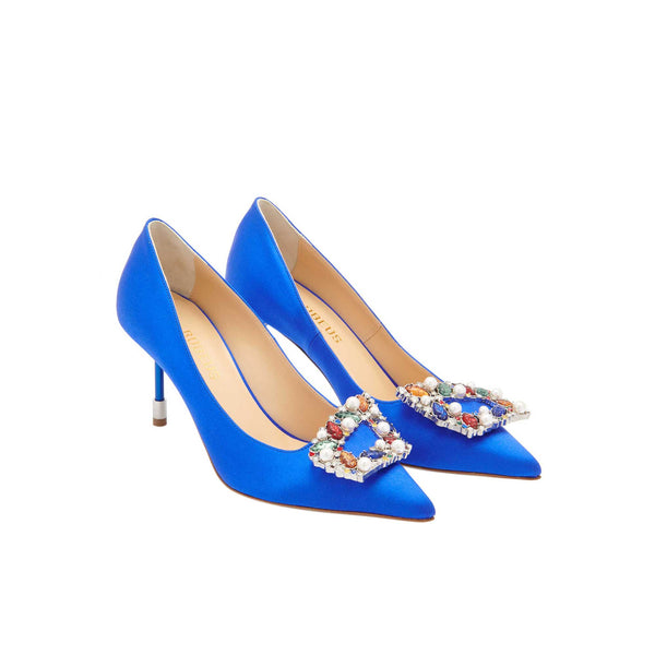 Load image into Gallery viewer, Tutti Frutti Decollete 75cm Electric Blue Satin Jewel Buckle Pumps