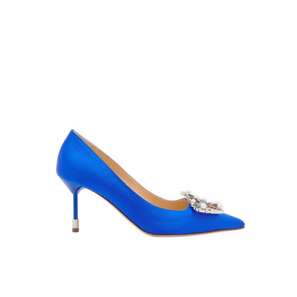 Load image into Gallery viewer, Tutti Frutti Decollete 75cm Electric Blue Satin Jewel Buckle Pumps
