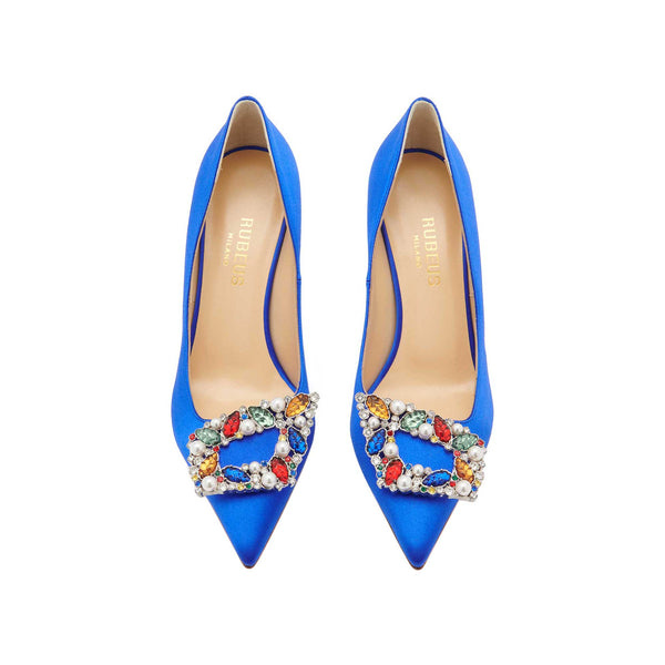 Load image into Gallery viewer, Tutti Frutti Decollete 75cm Electric Blue Satin Jewel Buckle Pumps