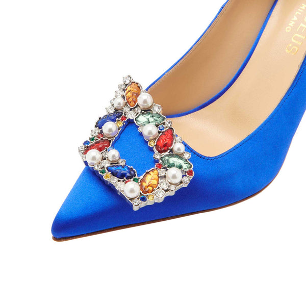 Load image into Gallery viewer, Tutti Frutti Decollete 75cm Electric Blue Satin Jewel Buckle Pumps