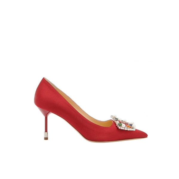 Load image into Gallery viewer, Tutti Frutti Decollete 75cm Red Satin Jewel Buckle Pumps
