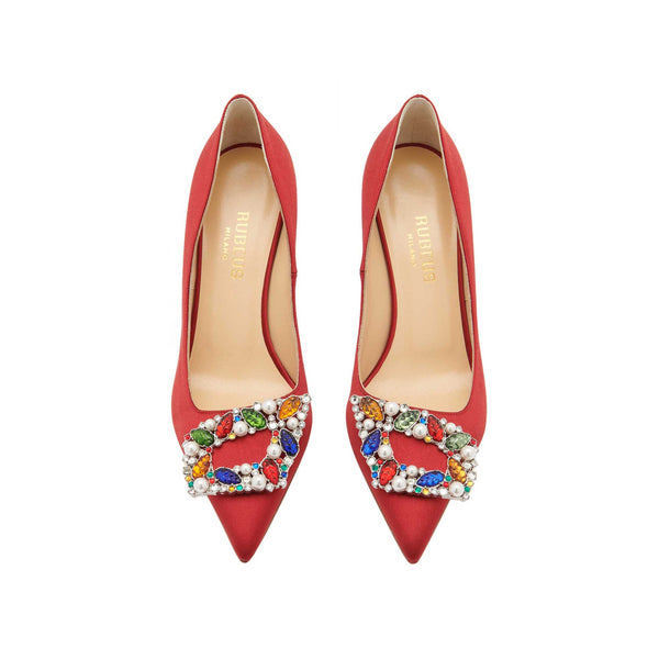 Load image into Gallery viewer, Tutti Frutti Decollete 75cm Red Satin Jewel Buckle Pumps