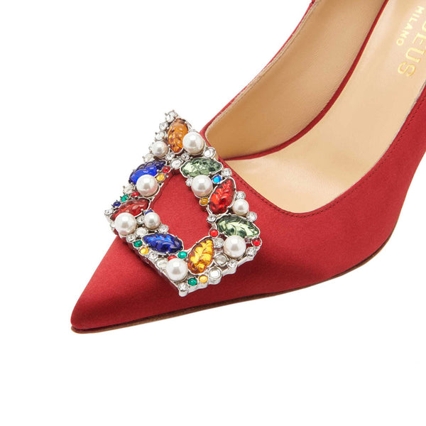 Load image into Gallery viewer, Tutti Frutti Decollete 75

Red Satin Jewel Buckle Pumps
