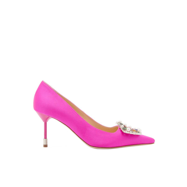 Load image into Gallery viewer, Tutti Frutti Decollete 75 
Fuchsia Satin Jewel Buckle Pumps
