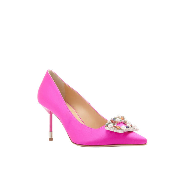 Load image into Gallery viewer, Tutti Frutti Decollete 75 
Fuchsia Satin Jewel Buckle Pumps
