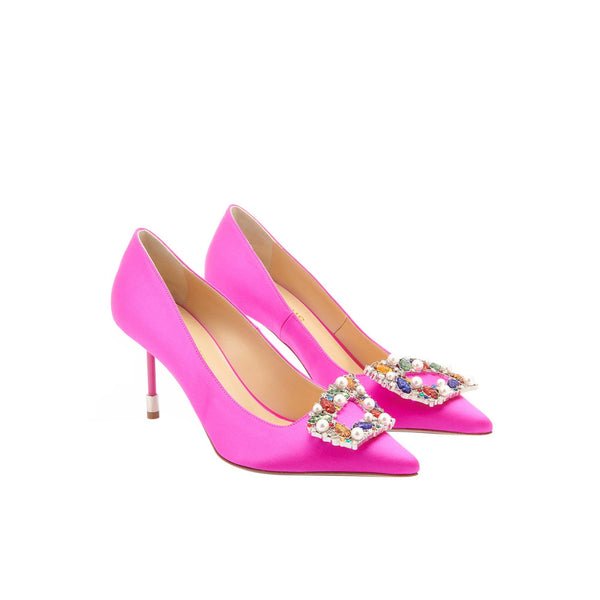 Load image into Gallery viewer, Tutti Frutti Decollete 75 
Fuchsia Satin Jewel Buckle Pumps
