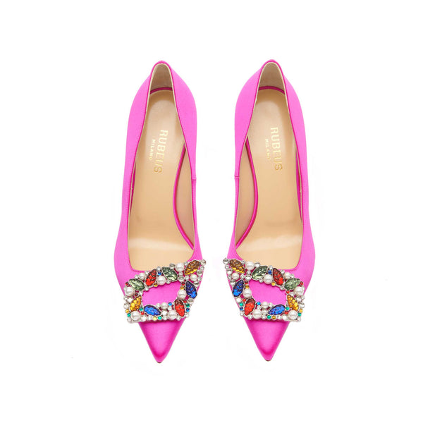 Load image into Gallery viewer, Tutti Frutti Decollete 75 
Fuchsia Satin Jewel Buckle Pumps
