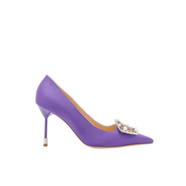 Load image into Gallery viewer, Tutti Frutti Decollete 90

Purple Satin Jewel Buckle Pumps
