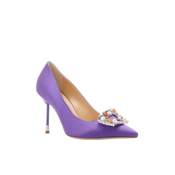 Load image into Gallery viewer, Tutti Frutti Decollete 90

Purple Satin Jewel Buckle Pumps
