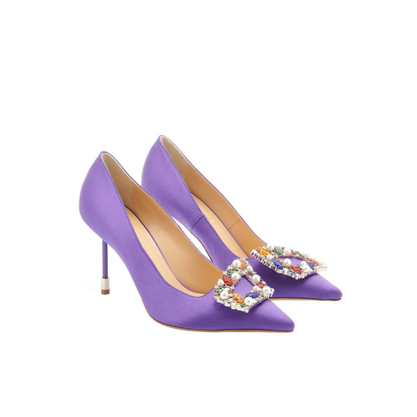 Load image into Gallery viewer, Tutti Frutti Decollete 90

Purple Satin Jewel Buckle Pumps
