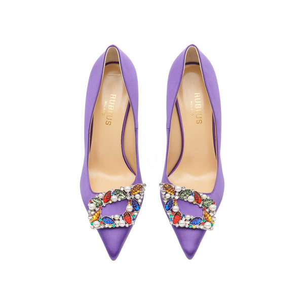 Load image into Gallery viewer, Tutti Frutti Decollete 105cm Purple Satin Jewel Buckle Pumps