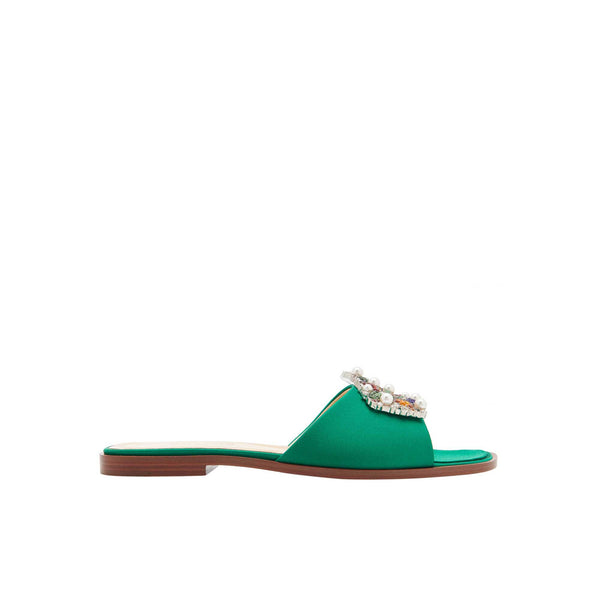 Load image into Gallery viewer, Tutti Frutti Sandals 

Emerald Satin Jewel Buckle Flats
