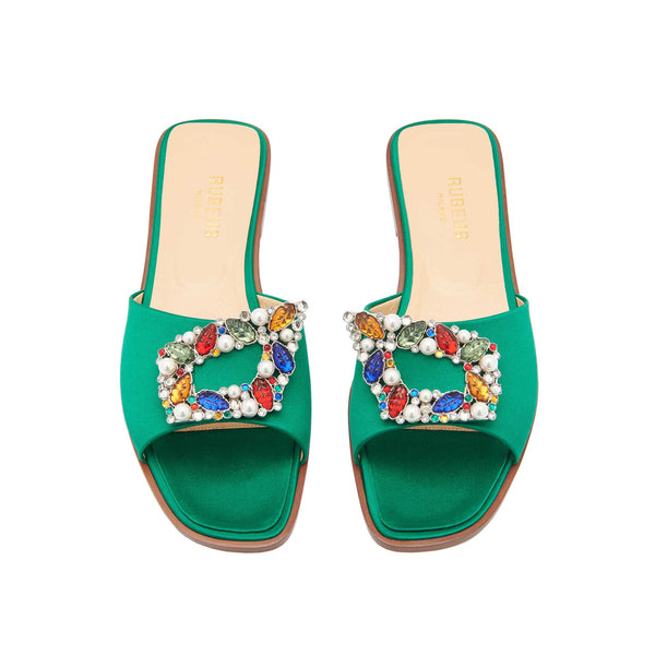 Load image into Gallery viewer, Tutti Frutti Sandals
Emerald Satin Jewel Buckle Flats
