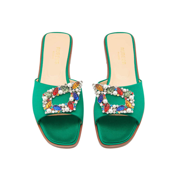 Load image into Gallery viewer, Tutti Frutti Sandals 

Emerald Satin Jewel Buckle Flats
