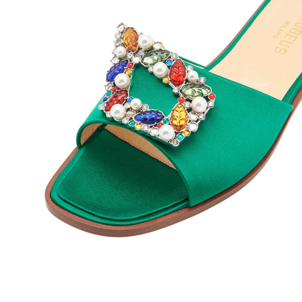 Load image into Gallery viewer, Tutti Frutti Sandals 

Emerald Satin Jewel Buckle Flats
