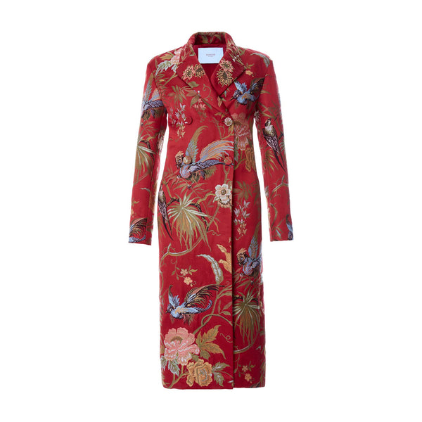 Load image into Gallery viewer, Double Breasted Coat In Birds Red Background Lampas Brocade