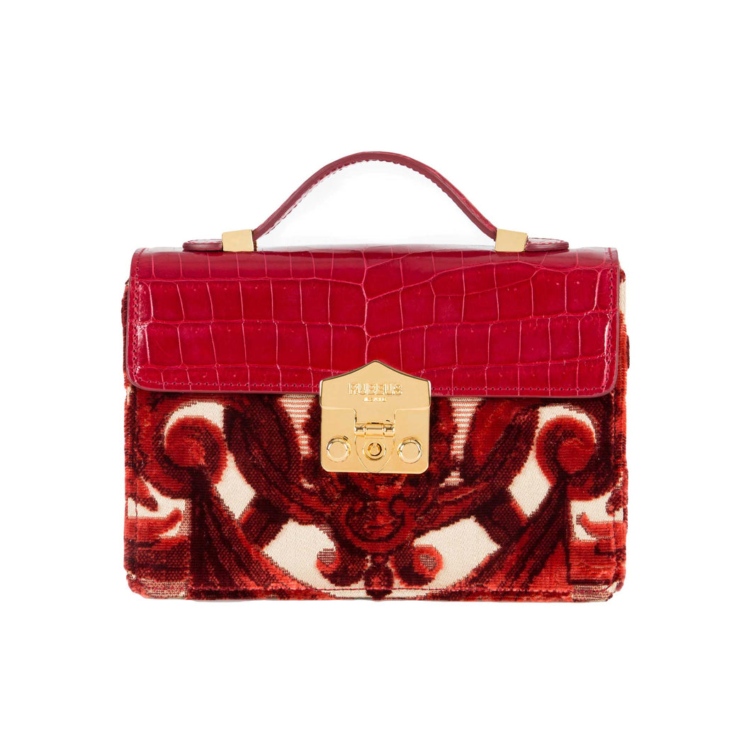 Small Flash Natale Bag in Grottesche Velvet and Red Crocodile