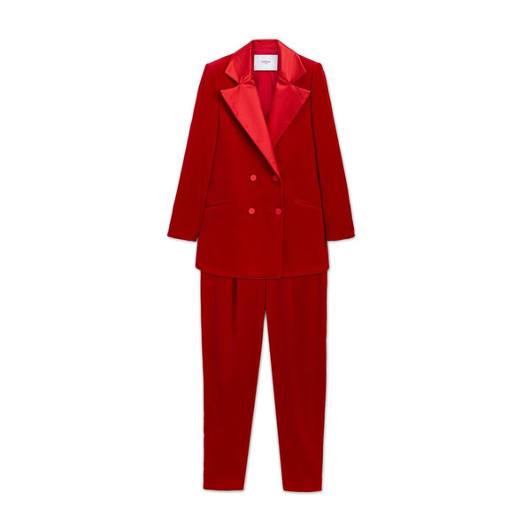 Load image into Gallery viewer, Red Maxi Silk Rever Double Breasted Blazer
