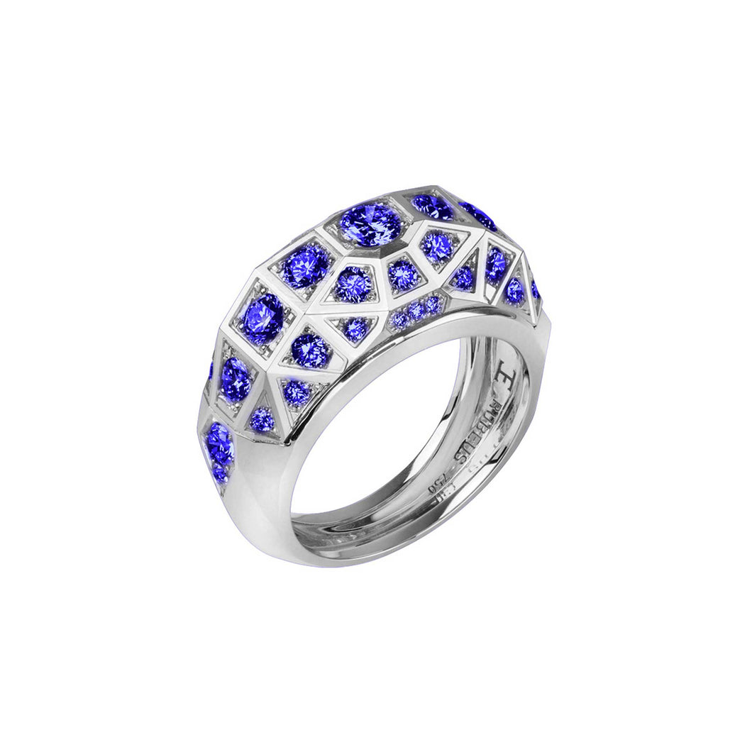 White Gold Blue Sapphires Duomo Ring Full Pave