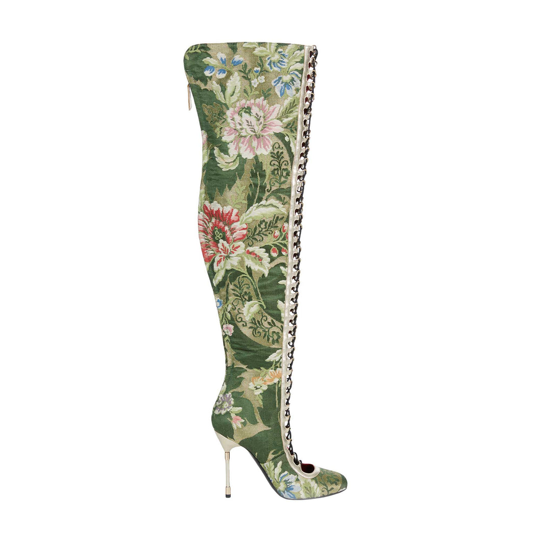 Cuissard Knee High Boots In Emerald Lamé Lampas Brocade With Heel Piercing