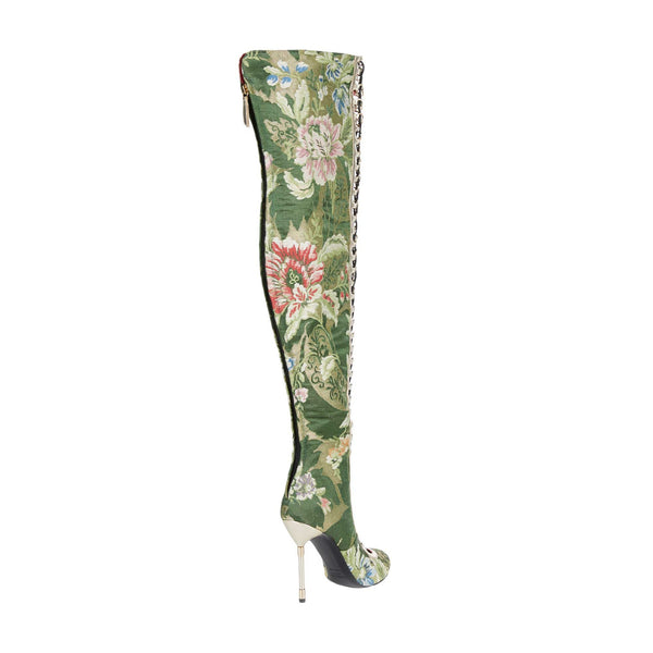 Load image into Gallery viewer, Cuissard Knee High Boots In Emerald Lamé Lampas Brocade With Heel Piercing
