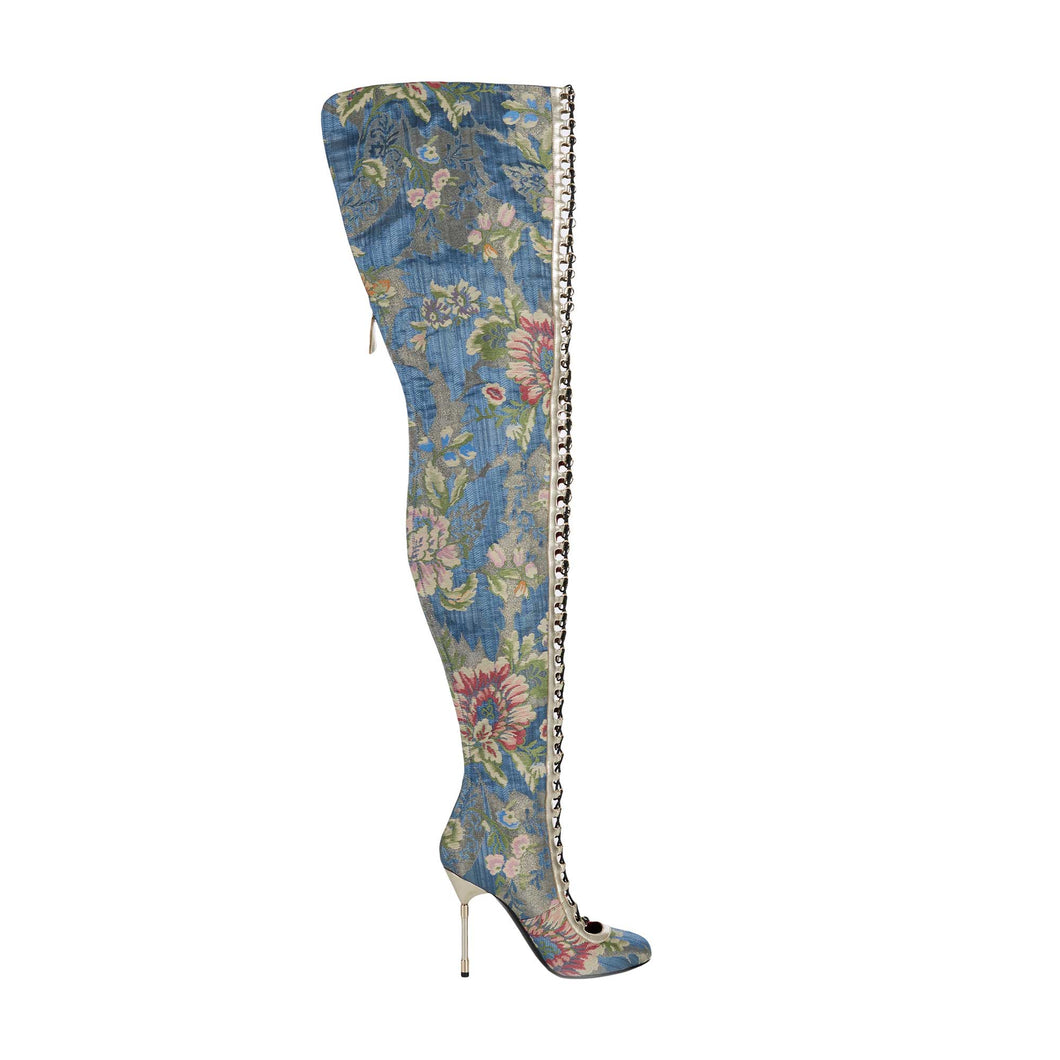 Cuissard Thigh High Boots In Blue Lamé Lampas Brocade With Heel Piercing