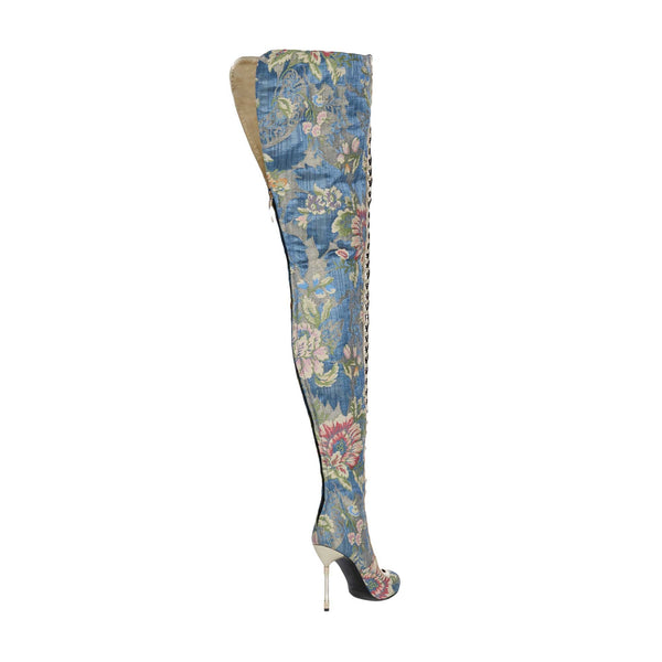 Load image into Gallery viewer, Cuissard Thigh High Boots In Blue Lamé Lampas Brocade With Heel Piercing

