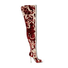 Load image into Gallery viewer, Open Toed Cuissard Thigh High Boots In Bordeaux Grottesche Velvet With Heel Piercing
