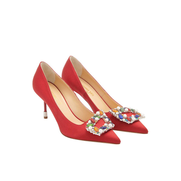 Load image into Gallery viewer, Tutti Frutti Decollete 75

Red Satin Jewel Buckle Pumps
