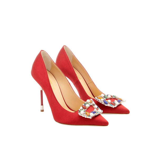 Load image into Gallery viewer, Tutti Frutti Decollete 105  
Red Satin Jewel Buckle Pumps
