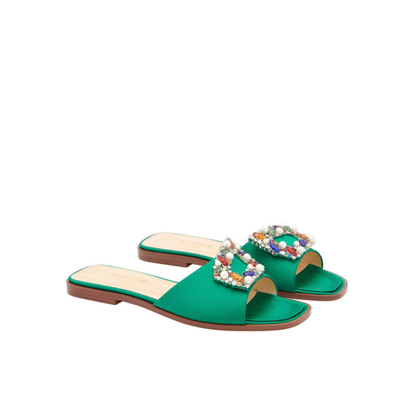 Load image into Gallery viewer, Tutti Frutti Sandals 

Emerald Satin Jewel Buckle Flats
