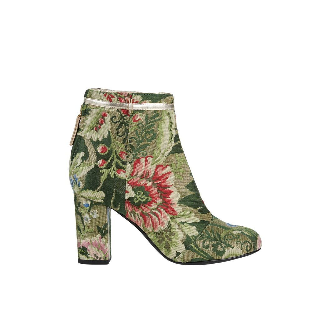 Thick Heeled Ankle Boot In Emerald Lamé Lampas Brocade