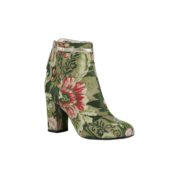 Load image into Gallery viewer, Thick Heeled Ankle Boot In Emerald Lamé Lampas Brocade
