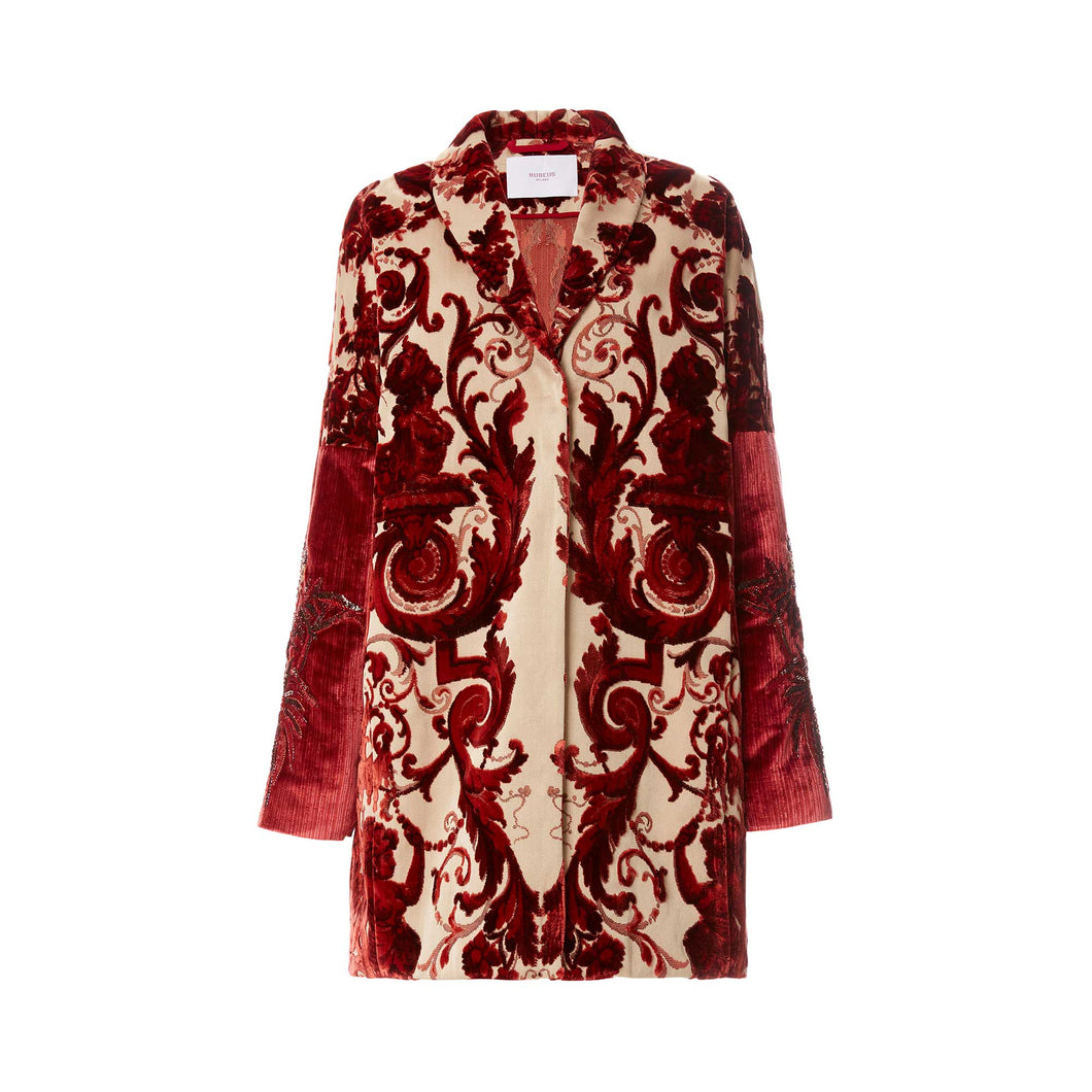 Oversized Coat In Bordeaux Grottesche Velvet With Embroidered Sleeves