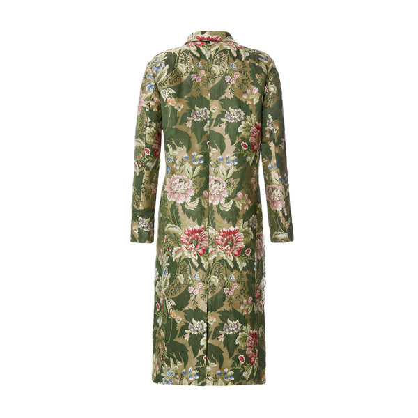 Load image into Gallery viewer, Double Breasted Overcoat In Emerald Lamé Lampas Brocade
