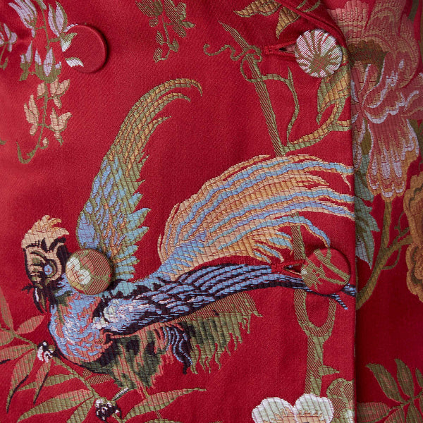 Load image into Gallery viewer, Double Breasted Coat In Birds Red Background Lampas Brocade
