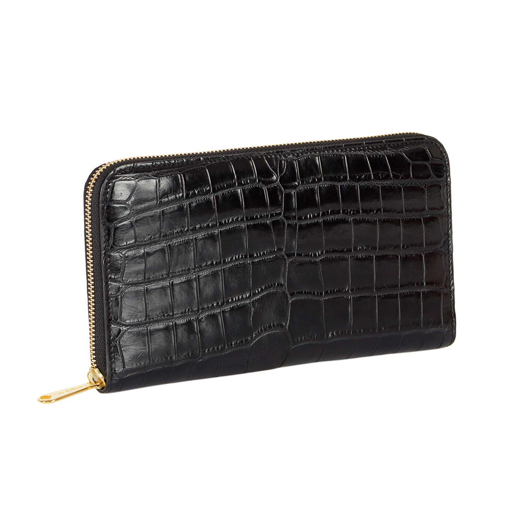 Black Crocodile Zip-Around Womens Wallet